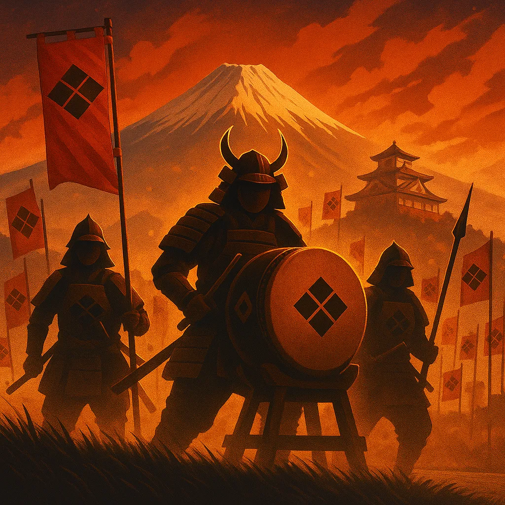 風林火山の旗と武田軍の行軍、甲斐の山々を背景にした勇壮なマーチ風カバー画像