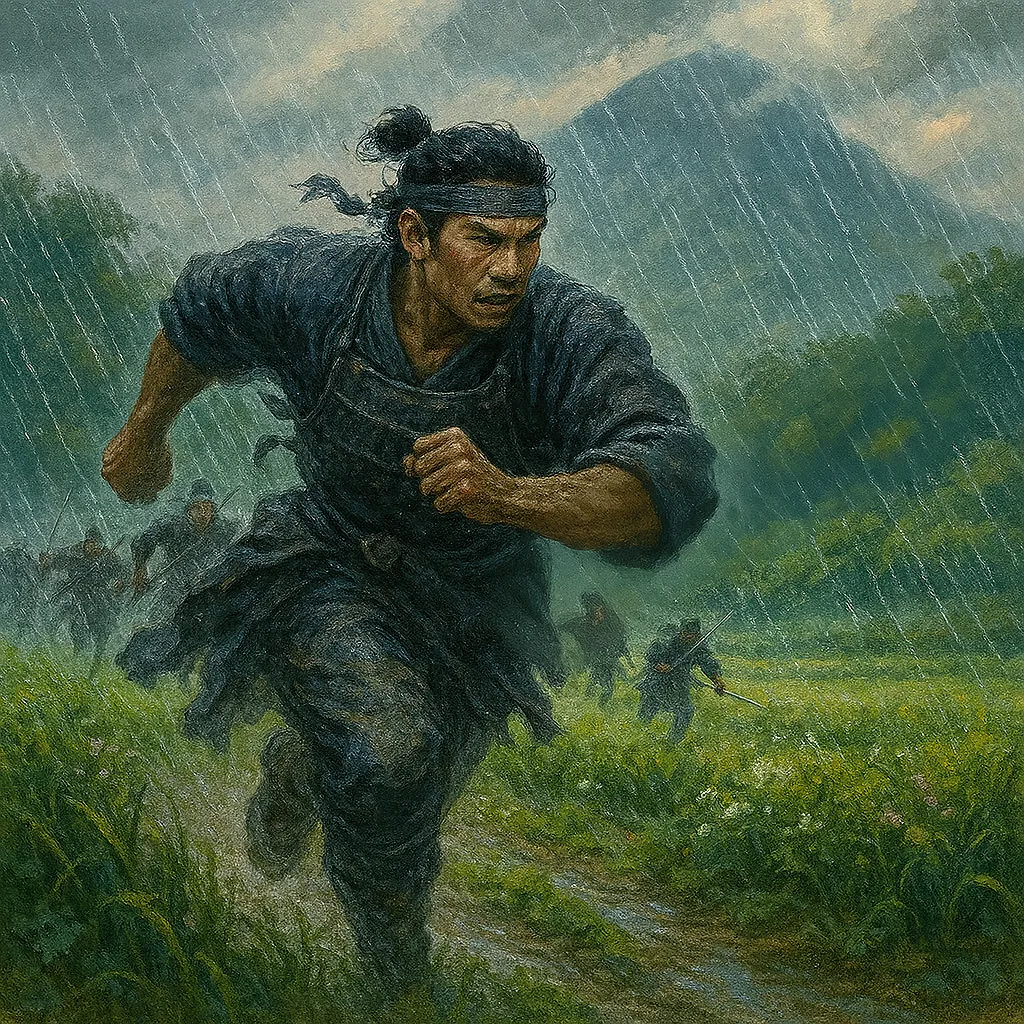 中国大返しを疾走する豊臣秀吉の軍勢と、天王山へ向かう電光のようなシルエットを描いたエピックロック曲のカバー画像。