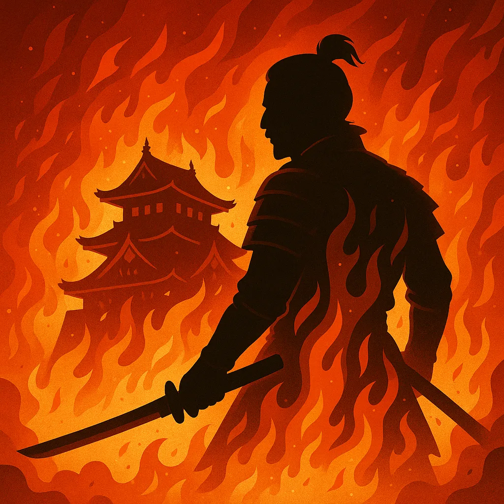 本能寺を包む紅蓮の炎と信長のシルエットを描いた、和風メタルロック調のカバー画像。