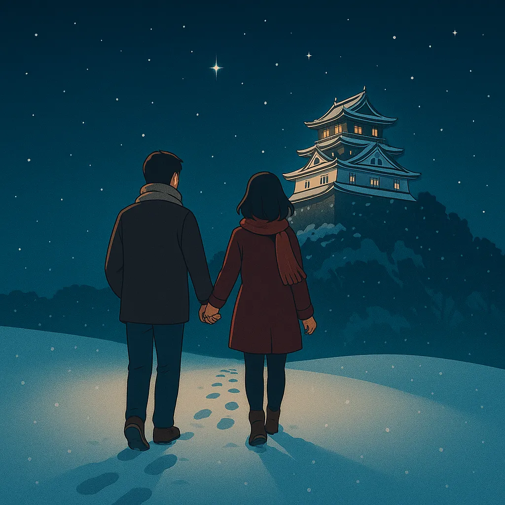 冬の金華山と岐阜城、星明かりと二人の足跡をモチーフにしたバラードのカバー画像