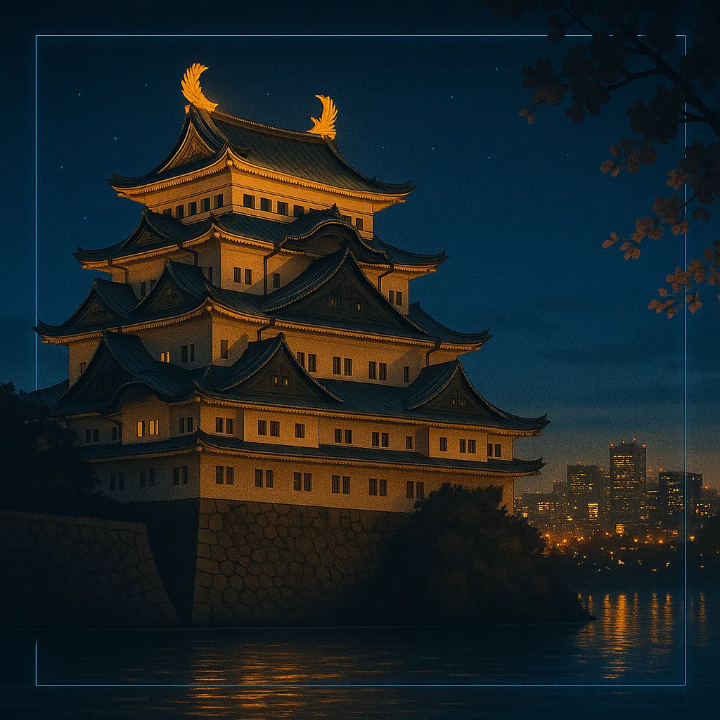 黄金のしゃちほこと名古屋城天守、夕陽にきらめく城下町を描いた華やかなカバー画像