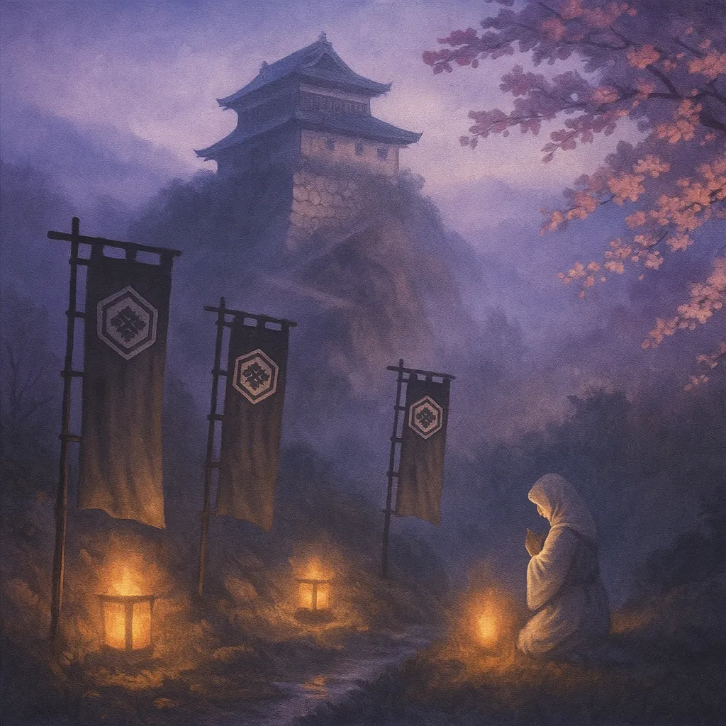 朧月に照らされる小谷城の山並みと、お市と浅井長政を象徴する灯火を描いたカバー画像