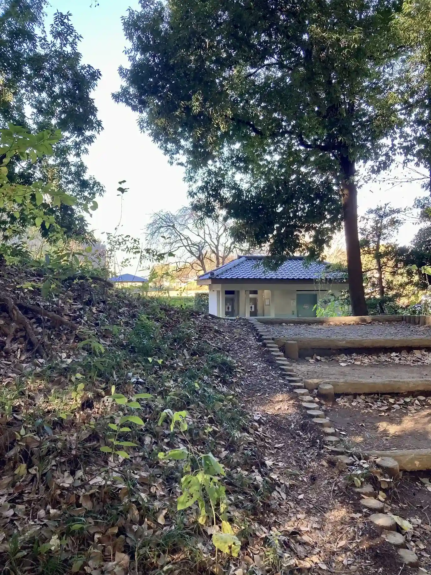 鶉古城・多々良沼公園 浮島弁天近くの土塁越しに見えるトイレ